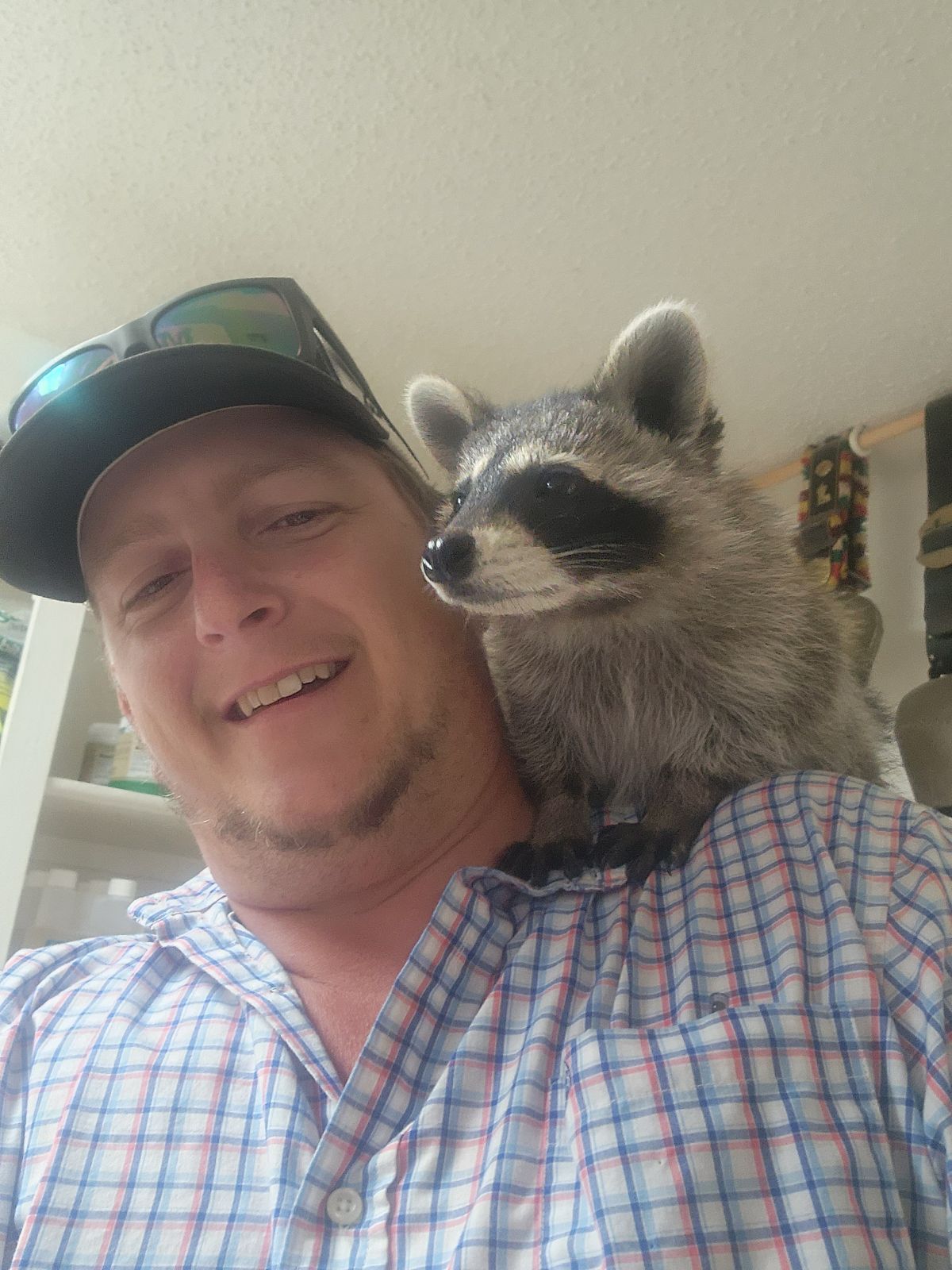 Operator Casey Kearns smiling with a live racoon on his shoulders.